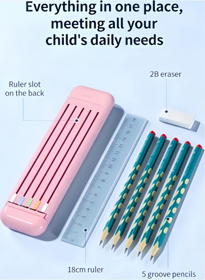 Complete Children’s Stationery Set, Grooved Pencils, 2B Soft Eraser, 18cm Ruler, Built-in Ruler Slot, Everything in One Place for Homework, Drawing & School Supplies, Ideal for Kids at Home (Pink) - Image 1