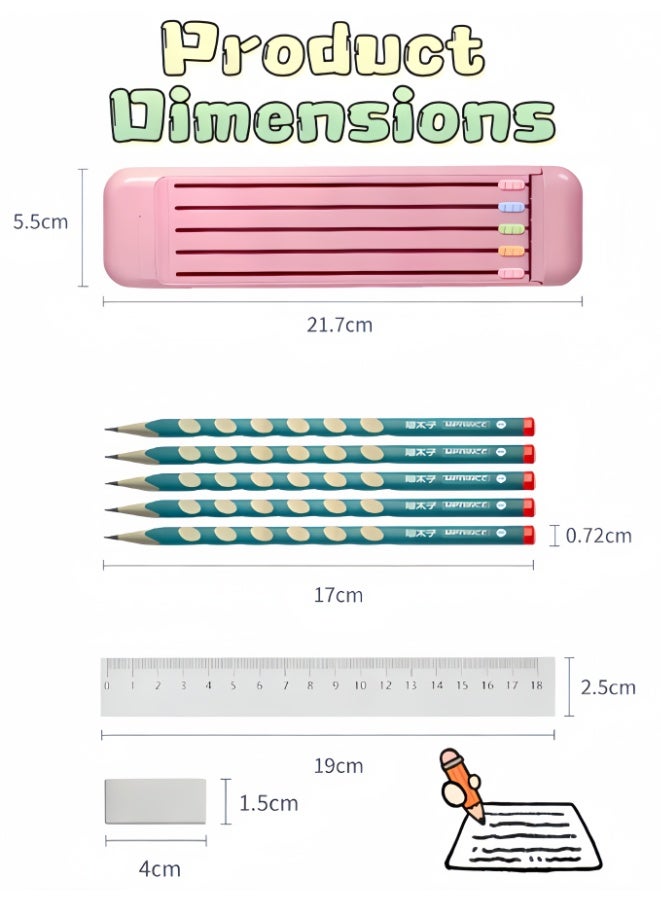 Complete Children’s Stationery Set, Grooved Pencils, 2B Soft Eraser, 18cm Ruler, Built-in Ruler Slot, Everything in One Place for Homework, Drawing & School Supplies, Ideal for Kids at Home (Pink) - Image 3