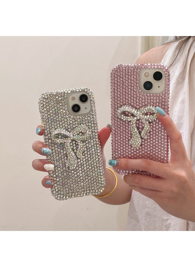Luxury Full Diamond Three-Dimensional Bow Anti-Drop Case For IPhone15 Apple 13/14Pro Max Rhinestone Mobile Phone Case-color:White Diamond + Bow-Applicable Models:iP12