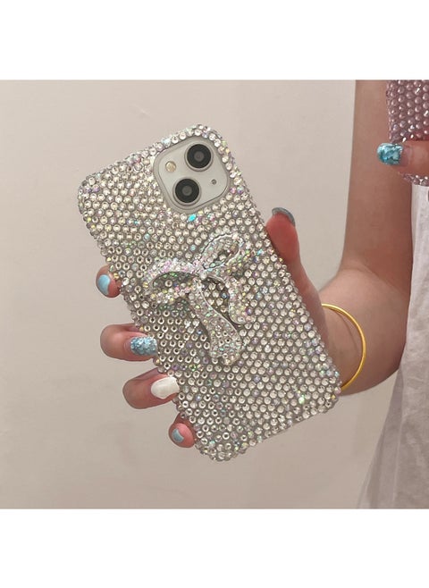 Luxury Full Diamond Three-Dimensional Bow Anti-Drop Case For IPhone15 Apple 13/14Pro Max Rhinestone Mobile Phone Case-color:White Diamond + Bow-Applicable Models:iP12
