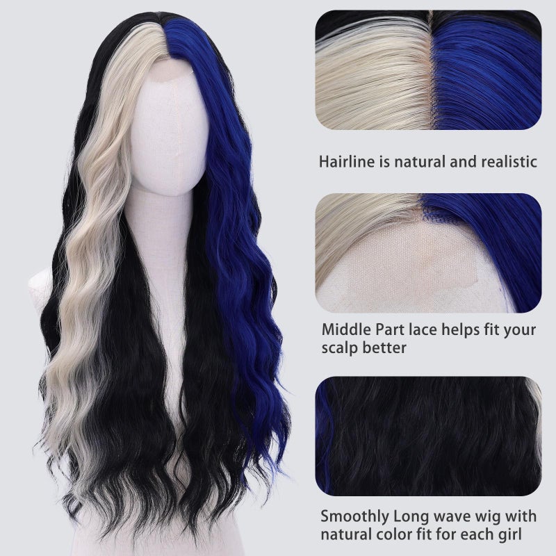 WECAN Black Blue Wig - Blue Platinum Blonde Highlight Wigs-Long Synthetic Wig Heat Resistant Fiber Wigs for Daily Party Halloween Cosplay - Image 5