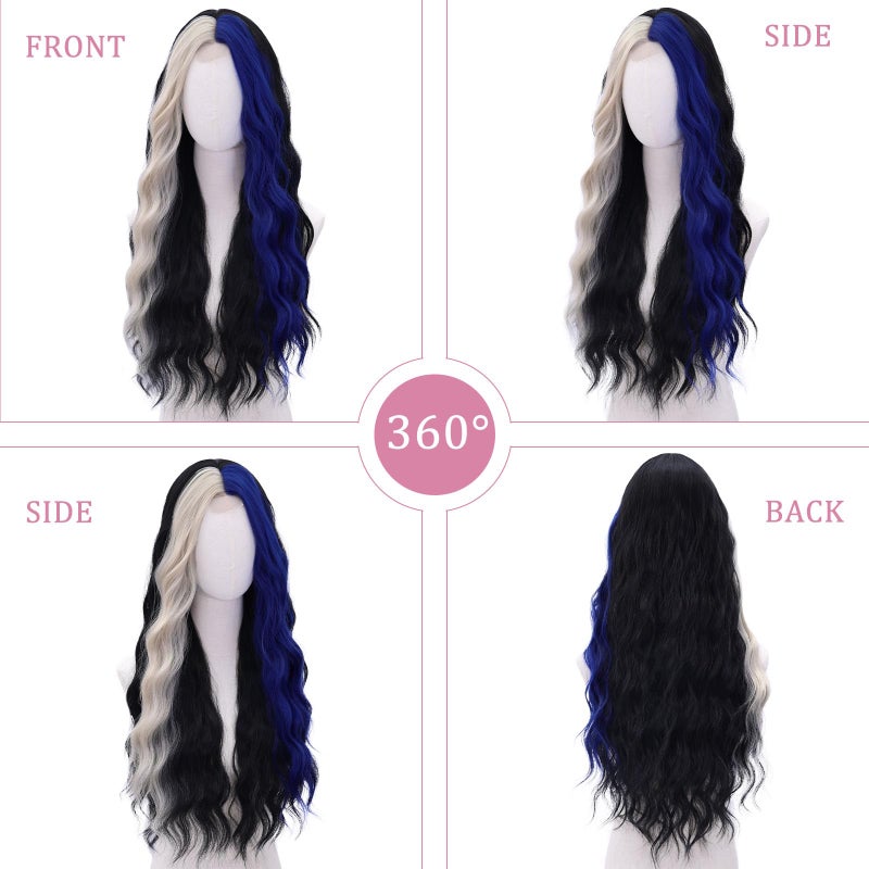 WECAN Black Blue Wig - Blue Platinum Blonde Highlight Wigs-Long Synthetic Wig Heat Resistant Fiber Wigs for Daily Party Halloween Cosplay - Image 2