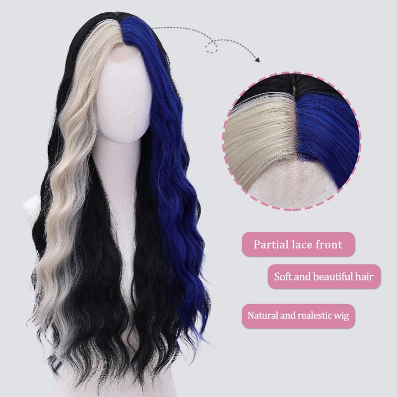 WECAN Black Blue Wig - Blue Platinum Blonde Highlight Wigs-Long Synthetic Wig Heat Resistant Fiber Wigs for Daily Party Halloween Cosplay - Image 3