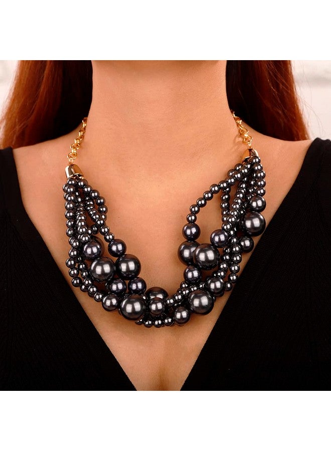 Wiwpar 2Pcs Large Chunky Statement Black Faux Pearl Bib Choker Necklace And Earring Set For Party Wedding Halloween Ladies (Black) - Image 2