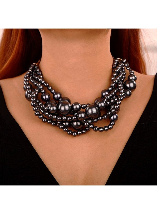 Wiwpar 2Pcs Large Chunky Statement Black Faux Pearl Bib Choker Necklace And Earring Set For Party Wedding Halloween Ladies (Black) - Image 1