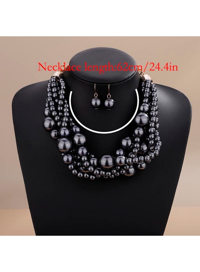 Wiwpar 2Pcs Large Chunky Statement Black Faux Pearl Bib Choker Necklace And Earring Set For Party Wedding Halloween Ladies (Black) - Image 5