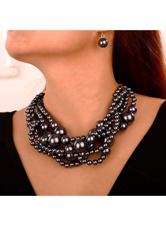 Wiwpar 2Pcs Large Chunky Statement Black Faux Pearl Bib Choker Necklace And Earring Set For Party Wedding Halloween Ladies (Black) - Image 4