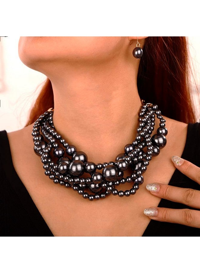 Wiwpar 2Pcs Large Chunky Statement Black Faux Pearl Bib Choker Necklace And Earring Set For Party Wedding Halloween Ladies (Black) - Image 3