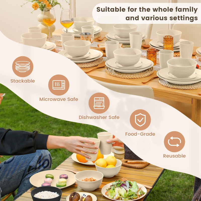 Homienly 40 PCS Dinnerware Set Service for 8, Kitchen Wheat Straw Dinnerware Set Unbreakable - Plates Set, Bowls Set,Cups Set, Microwave and Dishwasher Safe Dish Set for Dinner, Outdoor(Beige) - Image 5