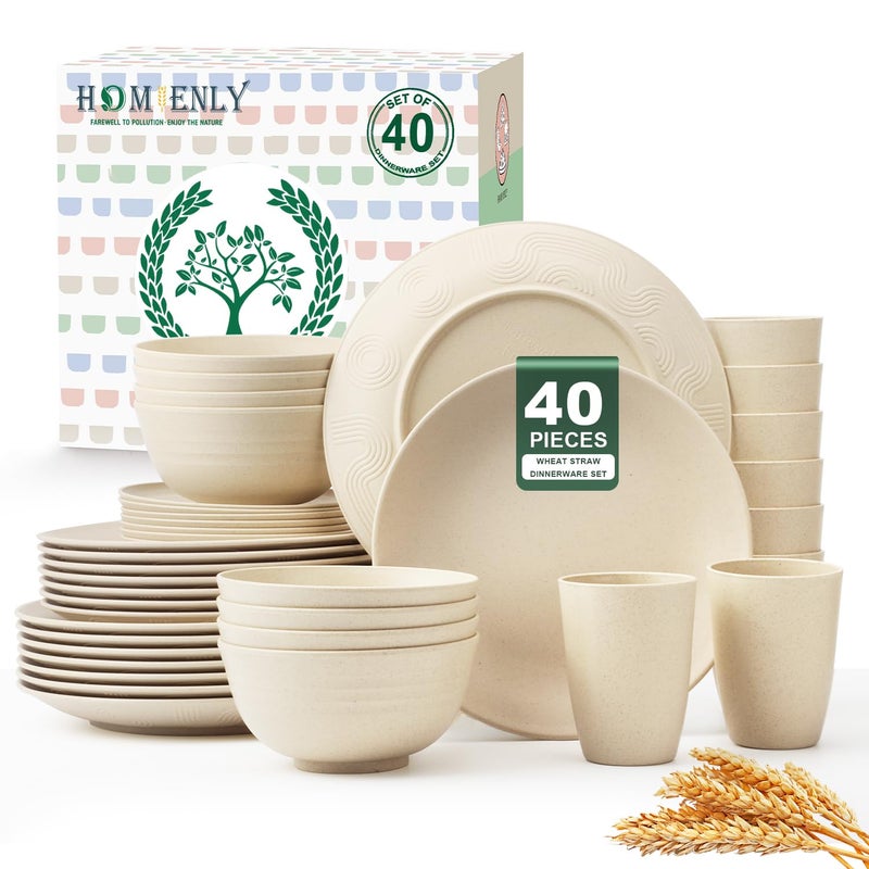 Homienly 40 PCS Dinnerware Set Service for 8, Kitchen Wheat Straw Dinnerware Set Unbreakable - Plates Set, Bowls Set,Cups Set, Microwave and Dishwasher Safe Dish Set for Dinner, Outdoor(Beige) - Image 1