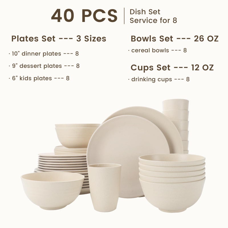 Homienly 40 PCS Dinnerware Set Service for 8, Kitchen Wheat Straw Dinnerware Set Unbreakable - Plates Set, Bowls Set,Cups Set, Microwave and Dishwasher Safe Dish Set for Dinner, Outdoor(Beige) - Image 2