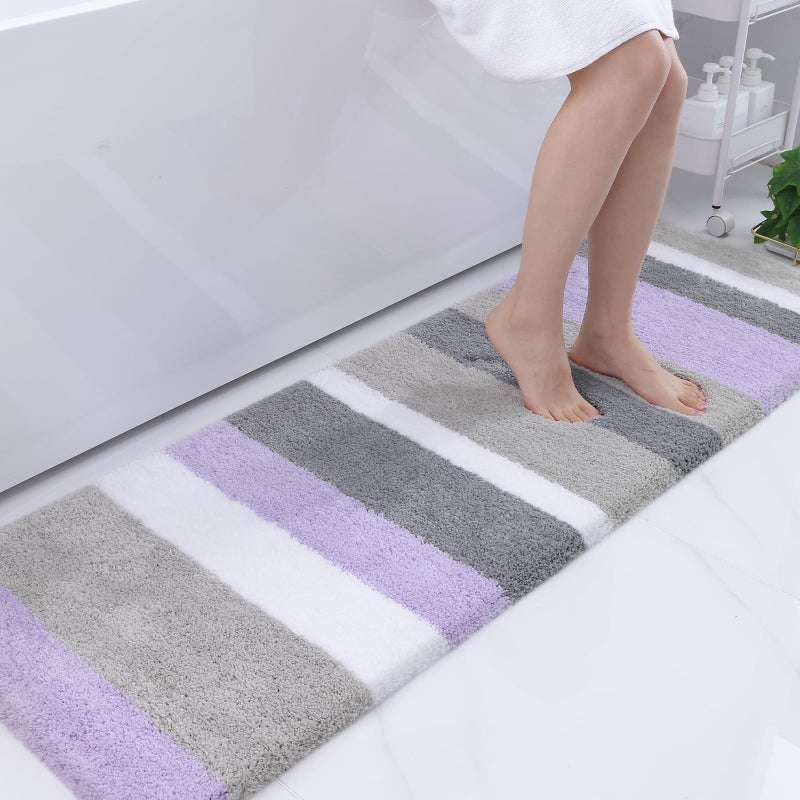 Buganda Microfiber Striped Bathroom Rugs Bath Mat  Extra Thick  Soft and Shaggy  Absorbent  Machine Washable  Anti-Slip Bath Rugs for Bathroom  Tub and Shower  59x20  Purple-Grey - Image 1
