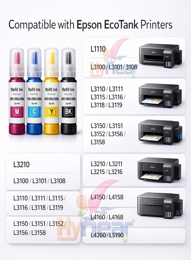 Hynear 003 Ink Refill for Epsan EcoTank L1110, L3100, L3110, L3115, L3116, L3150 Printers | Black + Color Combo 70ML Each | High Yield Dye Ink for Smooth Printing 4 Color - Image 4