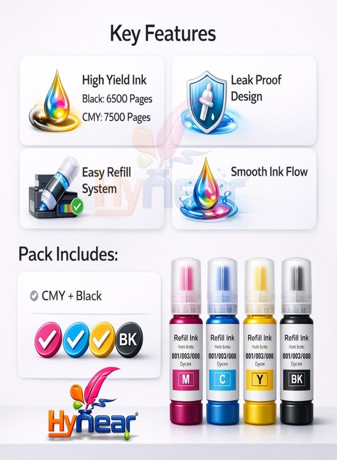 Hynear 003 Ink Refill for Epsan EcoTank L1110, L3100, L3110, L3115, L3116, L3150 Printers | Black + Color Combo 70ML Each | High Yield Dye Ink for Smooth Printing 4 Color - Image 3