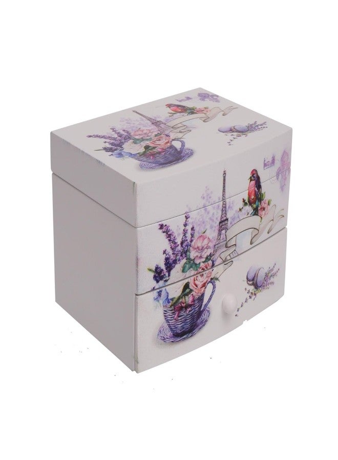 CherryBox White and Purple Floral & Tower, Bird Pattern 2 Layer Music Jewelry Box for Women, Portable Jewelry Box Modern Design - Image 1