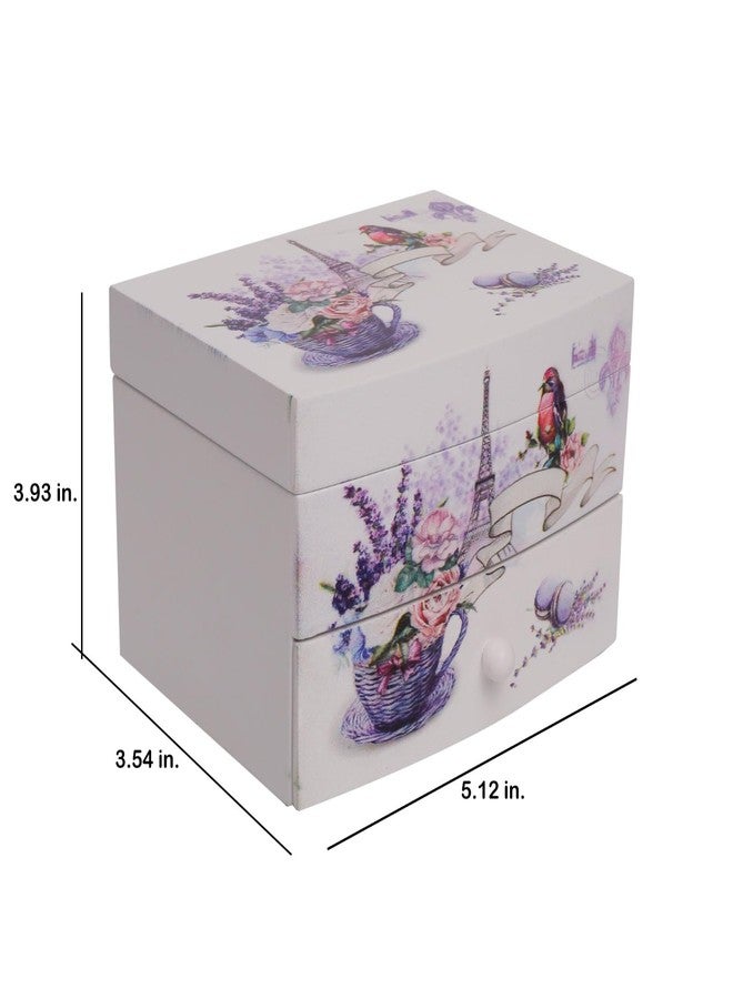 CherryBox White and Purple Floral & Tower, Bird Pattern 2 Layer Music Jewelry Box for Women, Portable Jewelry Box Modern Design - Image 2