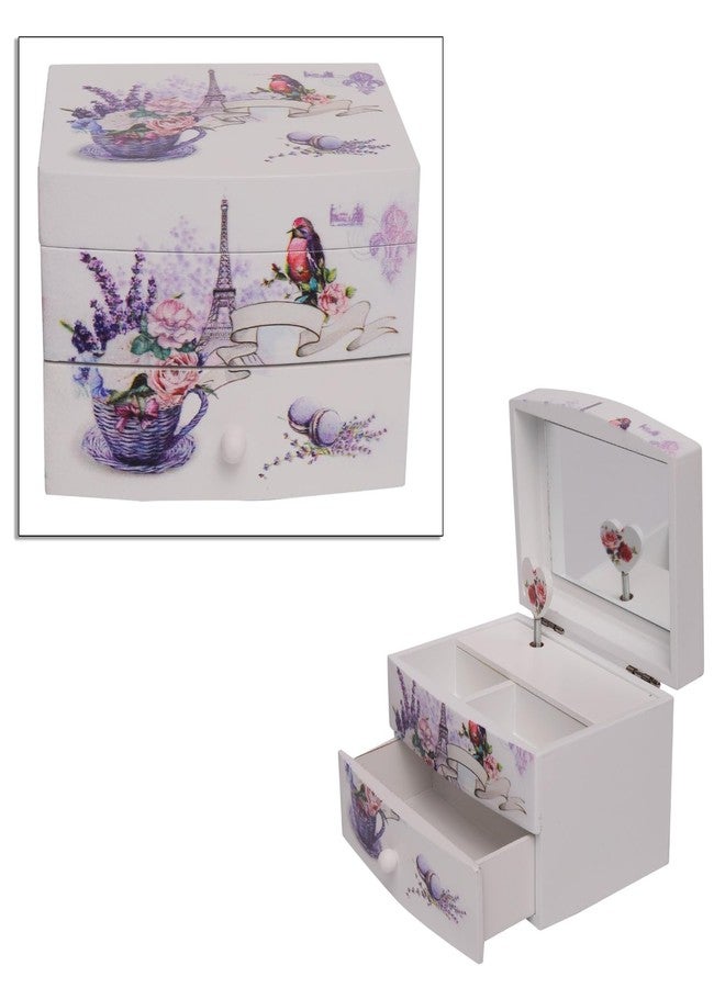 CherryBox White and Purple Floral & Tower, Bird Pattern 2 Layer Music Jewelry Box for Women, Portable Jewelry Box Modern Design - Image 3