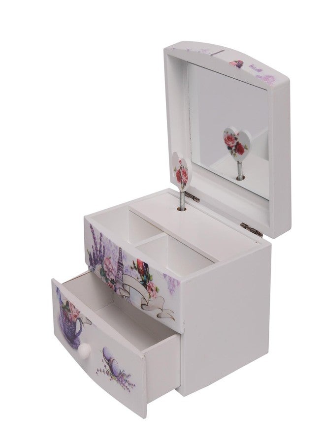 CherryBox White and Purple Floral & Tower, Bird Pattern 2 Layer Music Jewelry Box for Women, Portable Jewelry Box Modern Design - Image 5