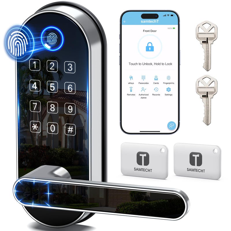 samtechT Keyless-Entry Keypad Fingerprint Smart Lock: Digital Door Lock with Code Passcode, Electronic Door Handle, Biometric Door Knob for Entry Door, Bedroom Door (Silver) - Image 1