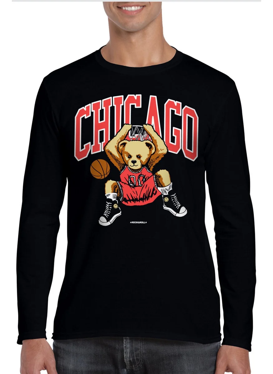 Rock&Roll Chicago Basket Crew Neck Black Long Sleeve Combed Cotton Men's T-Shirt