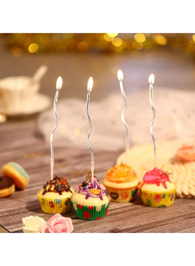 HOME ZONE 12 Twisted Birthday Candles Spiral Cake Candles Metallic Cupcake Cake Candles Thin Long Cake Candles with Holders (Silver) - Image 4