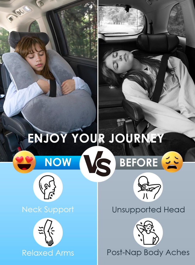 QUEEN ROSE Car Travel Pillow for Sleeping, Adjustable Head Support for Adults & Kids, Breathable Soft Neck Cushion for Road Trips, Machine Washable Cover, Grey - Image 3