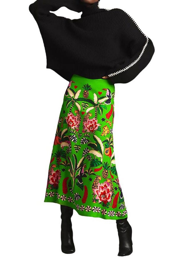 THLAI Womens Skirt Midi Skirt Tropical Plant Print Pink Zipper A-Line Long Skirts Spring Summer Skirt Floral, Green, XXL - Image 1