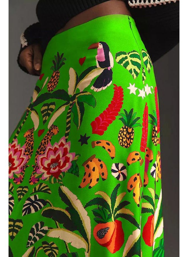THLAI Womens Skirt Midi Skirt Tropical Plant Print Pink Zipper A-Line Long Skirts Spring Summer Skirt Floral, Green, XXL - Image 4
