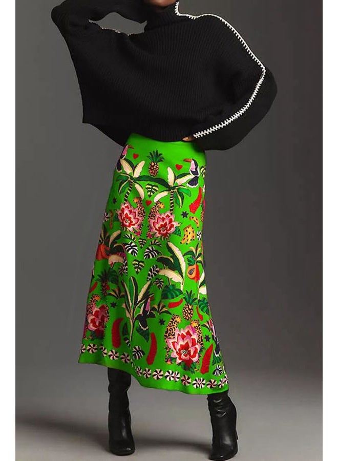 THLAI Womens Skirt Midi Skirt Tropical Plant Print Pink Zipper A-Line Long Skirts Spring Summer Skirt Floral, Green, XXL - Image 3