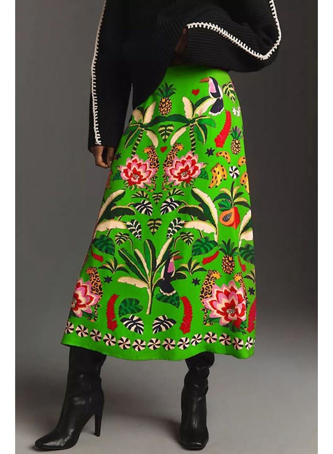 THLAI Womens Skirt Midi Skirt Tropical Plant Print Pink Zipper A-Line Long Skirts Spring Summer Skirt Floral, Green, XXL - Image 2