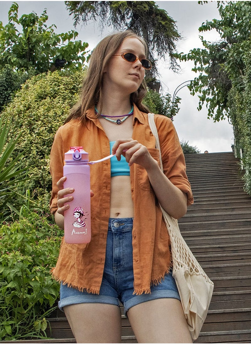 Anemoss - Water Bottle 1000ml, BPA Free Tritan Material, Motivational Time Stamps, Marine Themed Sailor Girl Pink Bottle, Leakproof Design, Water Bottle for Gym Office School - Image 1
