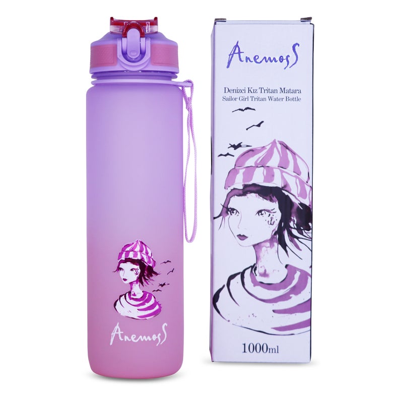 Anemoss Water Bottle 1000ml, BPA Free Tritan Material, Motivational Time Stamps, Marine Themed Sailor Girl Pink Bottle, Leakproof Design, Water Bottle for Gym Office School - Image 2
