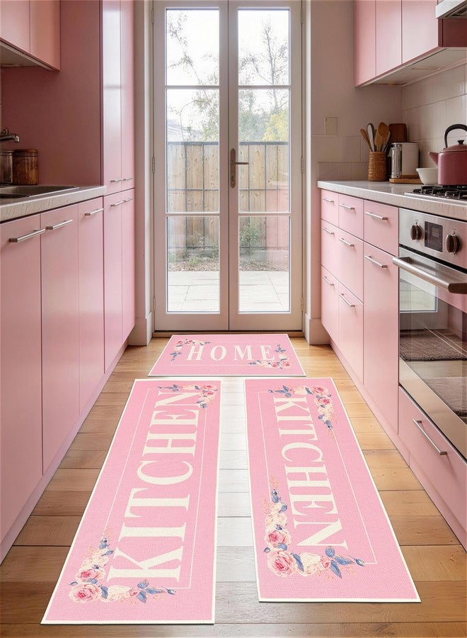 PCSWEET HOME سجاد مطبخ من PCSWEET HOME، مزين بنقوش زهور وردية، 3 قطع، سجادة مطبخ ريفية مانعة للانزلاق، سجاد مطبخ قابل للغسل ومانع للانزلاق، سجادة مريحة للوقوف في غرفة الغسيل، المكتب، البار، المكتب - Image 1