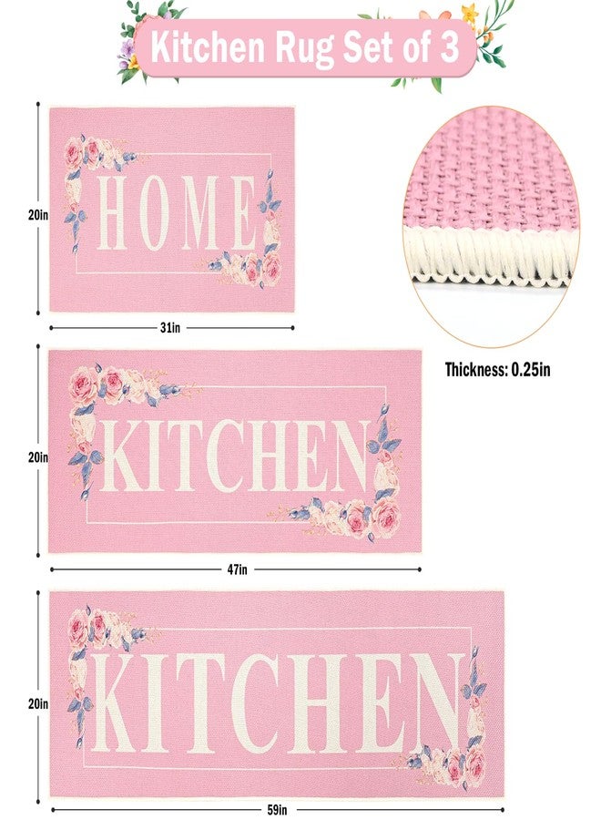 PCSWEET HOME سجاد مطبخ من PCSWEET HOME، مزين بنقوش زهور وردية، 3 قطع، سجادة مطبخ ريفية مانعة للانزلاق، سجاد مطبخ قابل للغسل ومانع للانزلاق، سجادة مريحة للوقوف في غرفة الغسيل، المكتب، البار، المكتب - Image 3