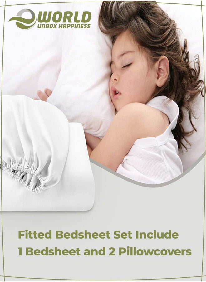 Eworld 3-Piece White Cotton Fitted Bedsheet Set Includes 1 Deep-Pocket Sheet for a Snug Fit and 2 Pillow Covers, Breathable, Machine Washable for Optimal Protection  - Image 3