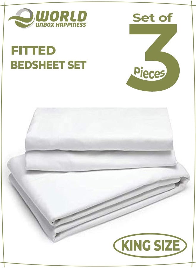 Eworld 3-Piece White Cotton Fitted Bedsheet Set Includes 1 Deep-Pocket Sheet for a Snug Fit and 2 Pillow Covers, Breathable, Machine Washable for Optimal Protection  - Image 1