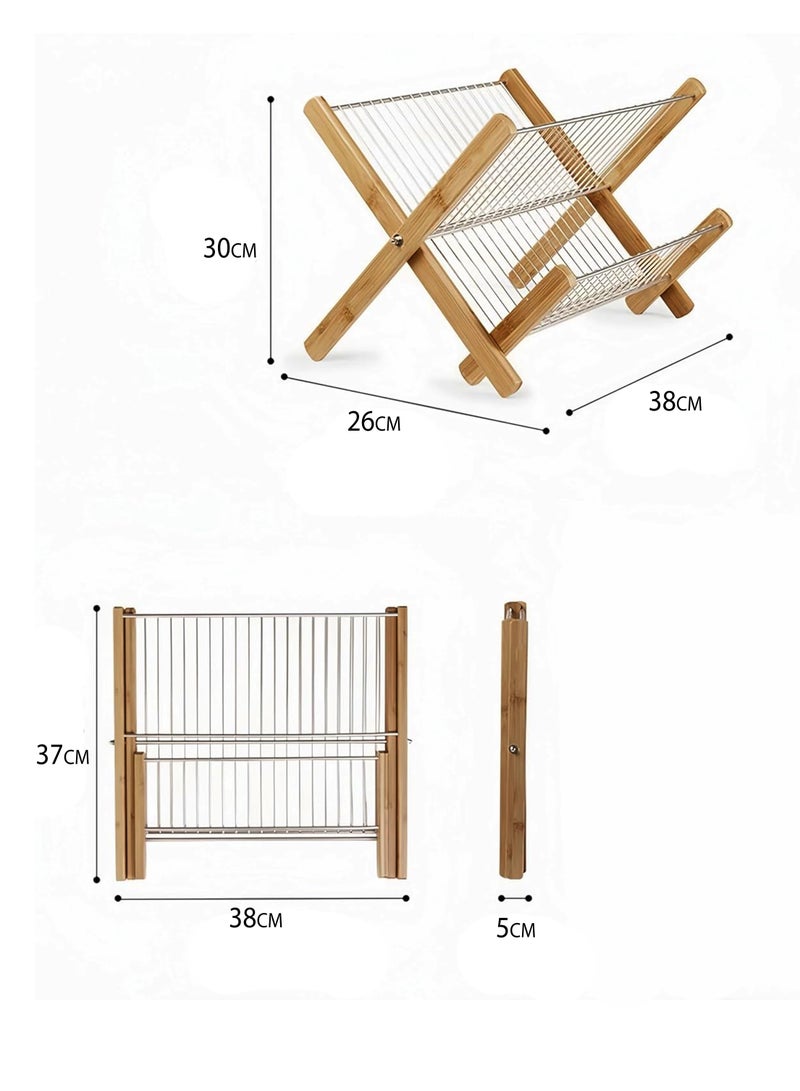 توشيونيكس رف تجفيف أطباق من الخيزران، قابل للطي، من الفولاذ المقاوم للصدأ، بطبقتين، للأطباق والأوعية والأكواب وألواح التقطيع - T114592 - Image 5