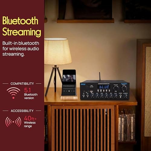 Pyle Wireless Bluetooth Streaming Amplifier - 300W Multi Channel Receiver with Dual Hi Def in/Out, Optical/Coaxial w/ 24 Bit decoding, Aluminum Control Knobs, Headphone Out, USB-A/SD - PDA99BU - Image 3