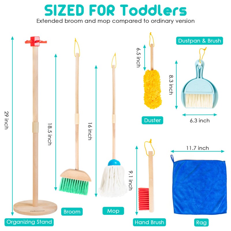 HELLOWOOD HELLOWOOD Kids Cleaning Set, 8pcs Housekeeping Play Set Includes Broom Mop Duster Dustpan Brushes Rag and Organizing Stand, Cleaning Toys Gift for Toddlers Girls Boys Age 3-6, Solid Beech Wood  - Image 3