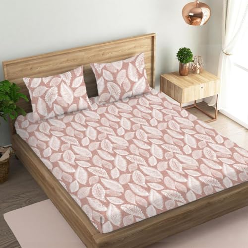 Oak & Lily Queen Size Flat Bedsheet Premium 100% Cotton 210 TC | 2 Large Pillow Covers | 90x100 inches | Washable | European Quality | Cotton Bed Cover | Autumn Leaves Peach Design - Image 4