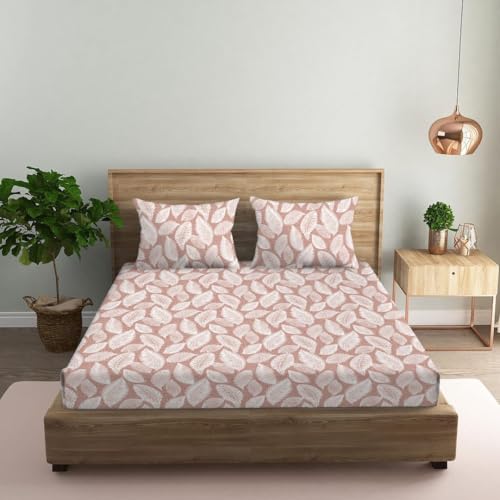 Oak & Lily Queen Size Flat Bedsheet Premium 100% Cotton 210 TC | 2 Large Pillow Covers | 90x100 inches | Washable | European Quality | Cotton Bed Cover | Autumn Leaves Peach Design - Image 1