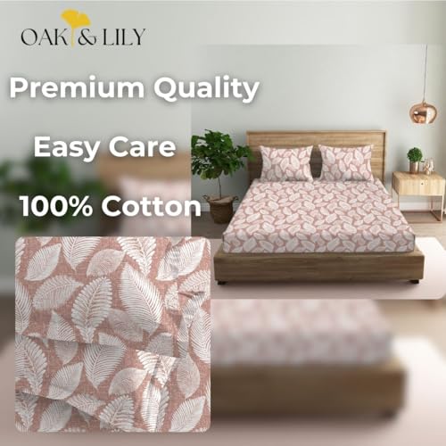 Oak & Lily Queen Size Flat Bedsheet Premium 100% Cotton 210 TC | 2 Large Pillow Covers | 90x100 inches | Washable | European Quality | Cotton Bed Cover | Autumn Leaves Peach Design - Image 2