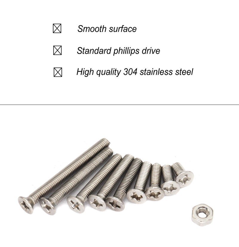 binifiMux 500pcs M3 Phillips Countersunk Flat Head Machine Screws Hex Nuts Assortment Kit 304 Stainless Steel, M3 x 6mm / 8mm / 10mm / 12mm / 16mm / 18mm / 20mm / 25mm / 30mm - Image 3