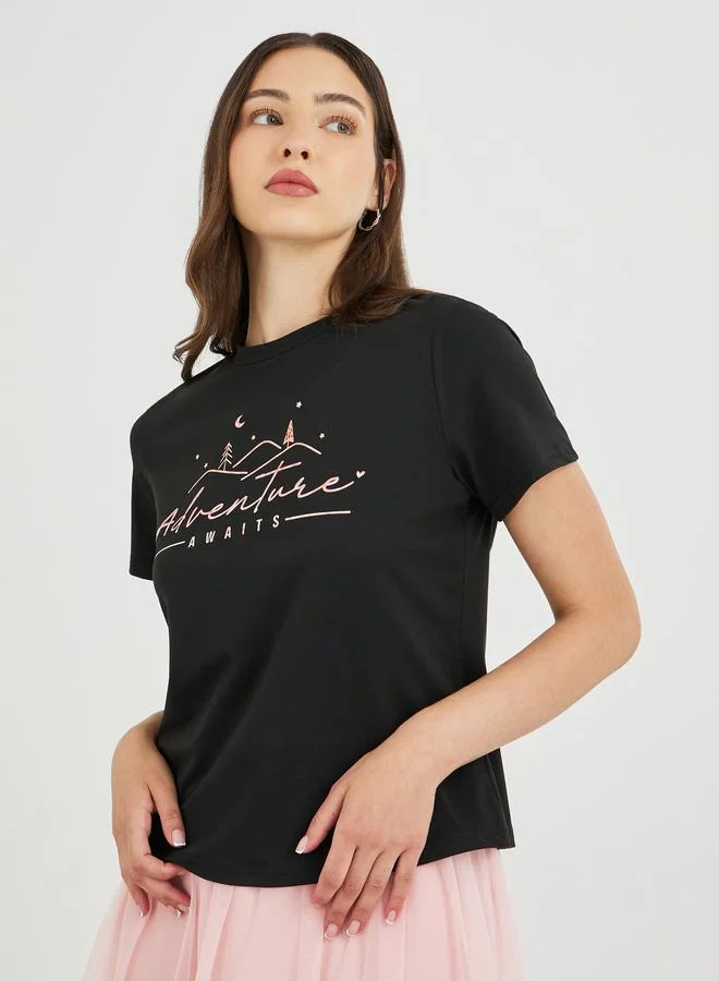 Take Two Take Two Slogan Print Round Neck Short Sleeve T-Shirt