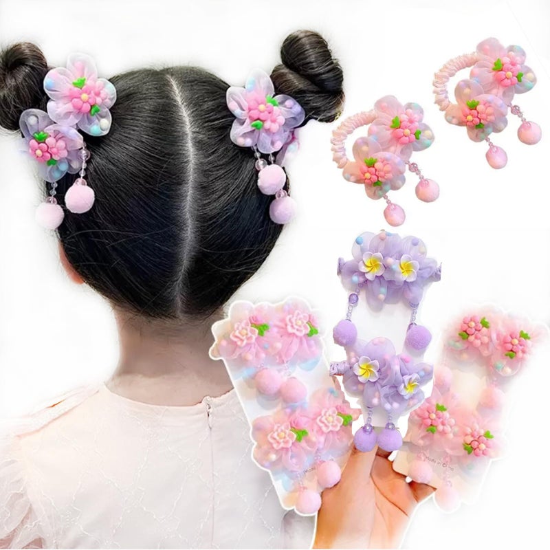 iRIIRIO 6pc Kids Colored Elastic Hair Ties with Cute Floral Tassels Hair Bows Ties for Ponytail Hair Accessories for Kids Girls (3 Pairs, Pink, Pink, Purple) - Image 1