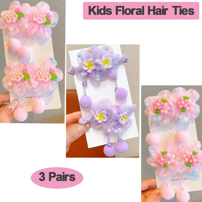iRIIRIO 6pc Kids Colored Elastic Hair Ties with Cute Floral Tassels Hair Bows Ties for Ponytail Hair Accessories for Kids Girls (3 Pairs, Pink, Pink, Purple) - Image 3