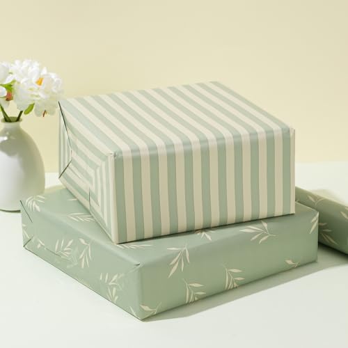 ZINTBIAL Reversible Gift Wrapping Paper Roll - Light Green Background with Beige Leaves - Green Stripe Design - for Birthdays,Weddings,Baby Showers,Mother's Day,Christmas - 17.5" x 33' (48 sq. ft.) - Image 2