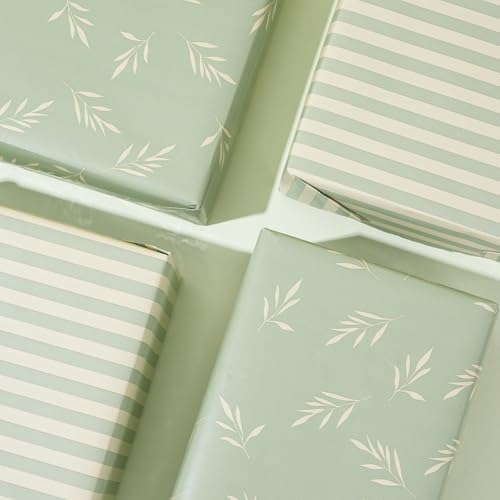 ZINTBIAL Reversible Gift Wrapping Paper Roll - Light Green Background with Beige Leaves - Green Stripe Design - for Birthdays,Weddings,Baby Showers,Mother's Day,Christmas - 17.5" x 33' (48 sq. ft.) - Image 5