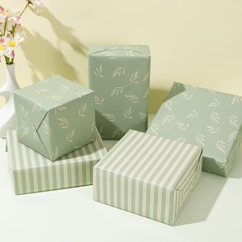 ZINTBIAL Reversible Gift Wrapping Paper Roll - Light Green Background with Beige Leaves - Green Stripe Design - for Birthdays,Weddings,Baby Showers,Mother's Day,Christmas - 17.5" x 33' (48 sq. ft.) - Image 3