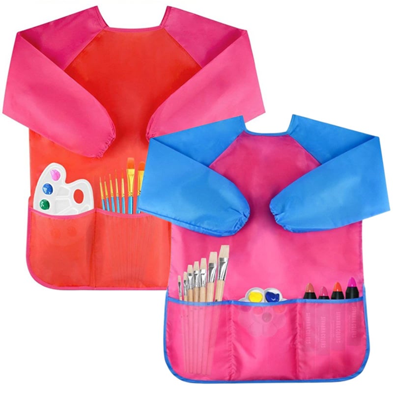 Bassion 2 Pack Kids Art Smocks Toddler Smock Waterproof Artist Painting Aprons Long Sleeve with 3 Pockets for Age 2-6 Years(blue red pink)